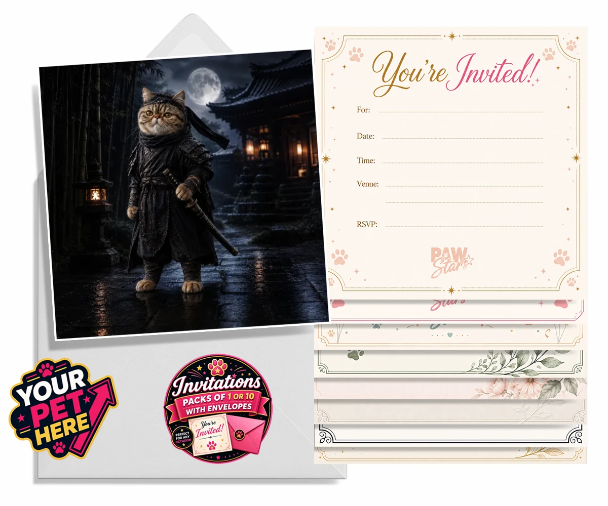 Personalised Ninja Paw In Temple Garden cat invitations featuring step into a world of enchantment with our "Ninja Paw In Temple Garden"