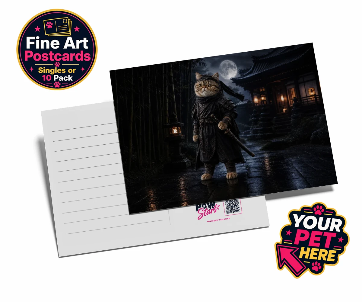 Personalised Ninja Paw In Temple Garden cat postcards featuring step into a world of enchantment with our "Ninja Paw In Temple Garden"