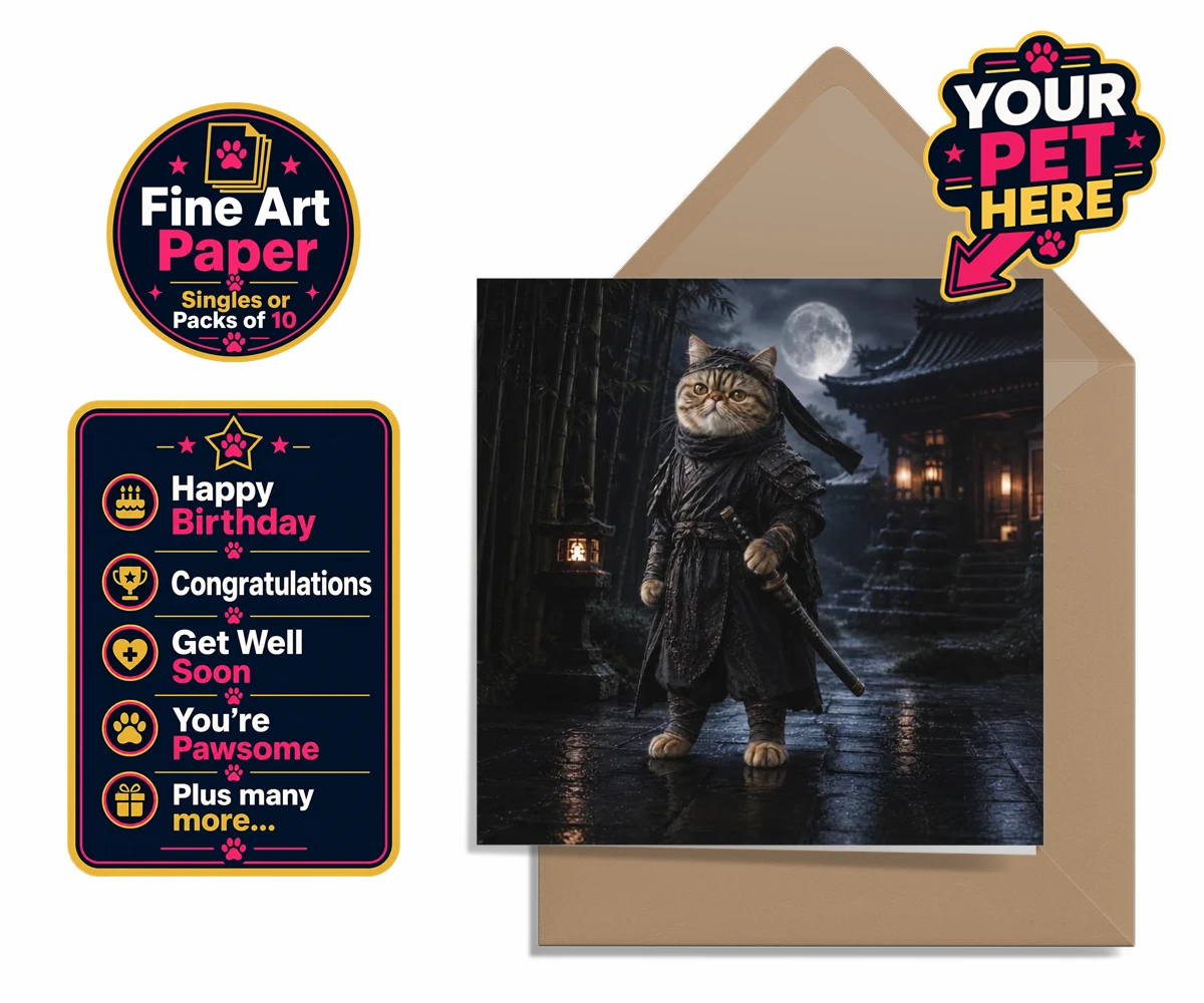 Personalised Ninja Paw In Temple Garden cat premium greetings cards featuring step into a world of enchantment with our "Ninja Paw In Temple Garden"
