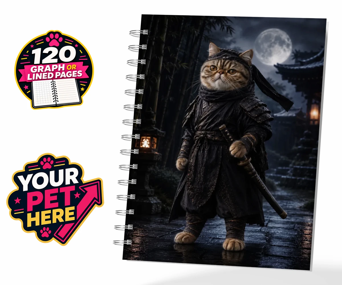 Personalised Ninja Paw In Temple Garden cat spiral notebook featuring step into a world of enchantment with our "Ninja Paw In Temple Garden"