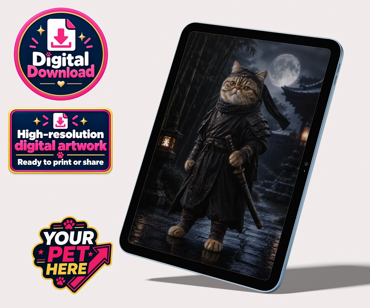 Personalised digital download of Ninja Paw In Temple Garden cat portrait featuring a sleek black ninja costume and bamboo garden.