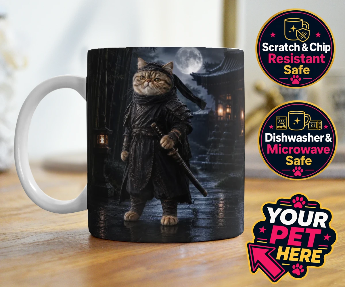 Personalised Ninja Paw In Temple Garden cat photo mugs featuring step into a world of enchantment with our "Ninja Paw In Temple Garden"