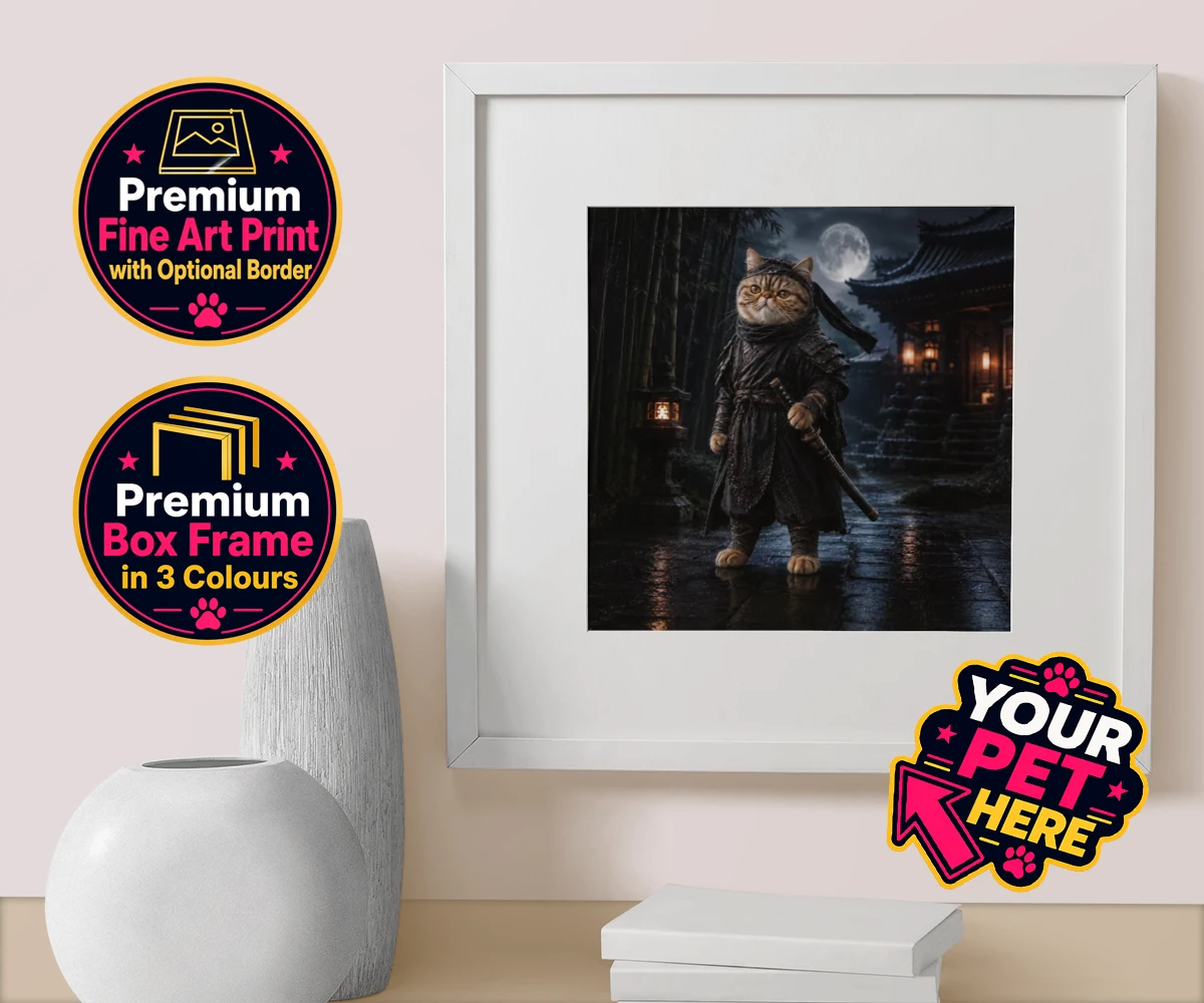 Personalised Ninja Paw In Temple Garden cat box framed print featuring step into a world of enchantment with our "Ninja Paw In Temple Garden"