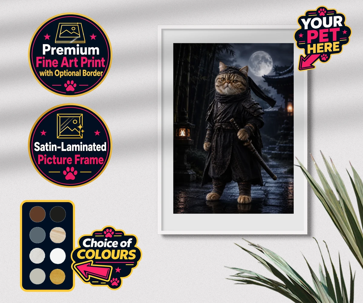 Personalised Ninja Paw In Temple Garden cat premium framed print featuring step into a world of enchantment with our "Ninja Paw In Temple Garden"