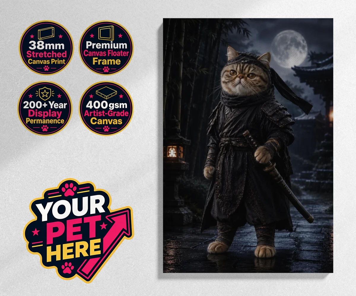 Personalised Ninja Paw In Temple Garden cat stretched canvas print featuring step into a world of enchantment with our "Ninja Paw In Temple Garden"