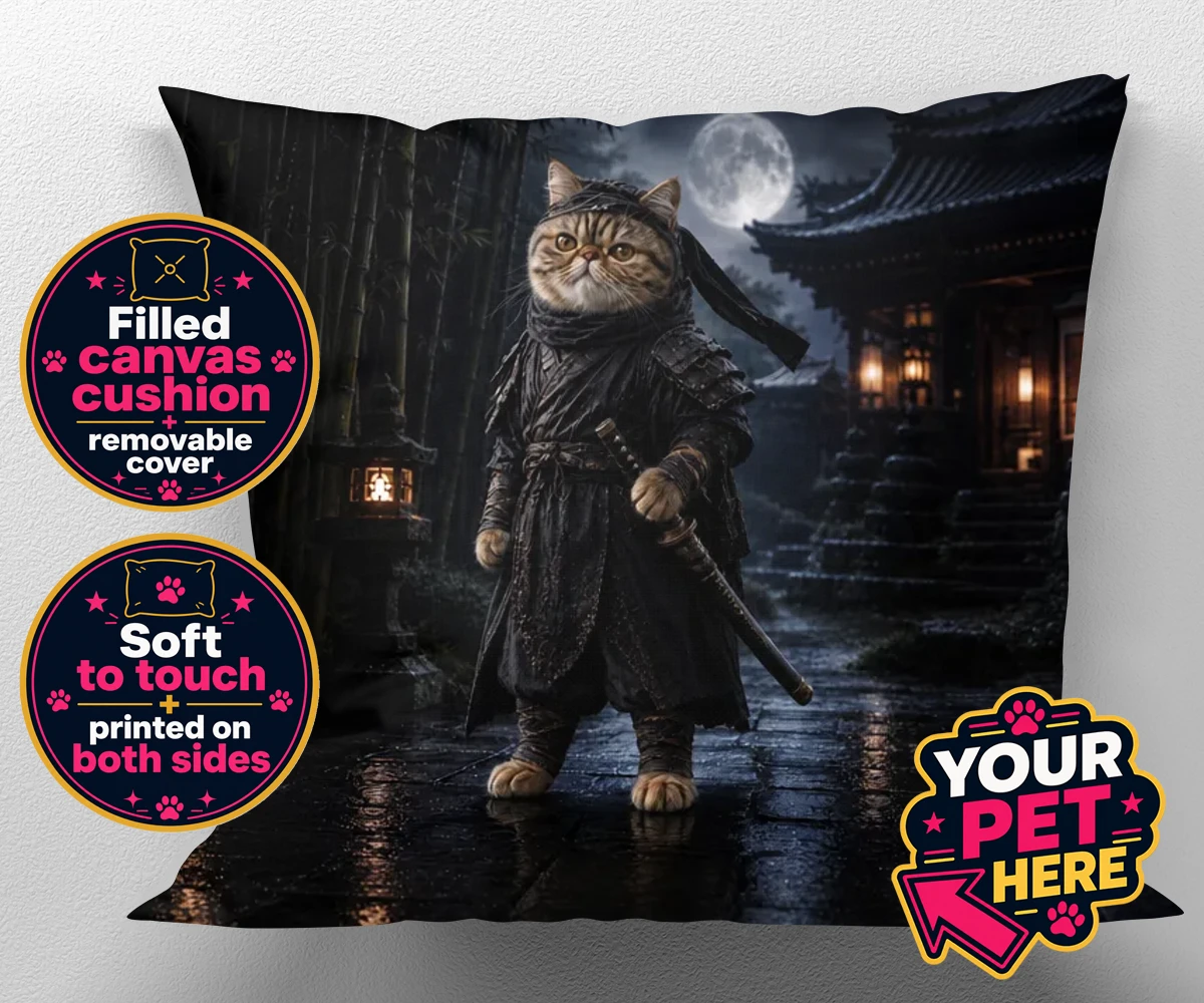 Personalised Ninja Paw In Temple Garden cat canvas cushions featuring step into a world of enchantment with our "Ninja Paw In Temple Garden"