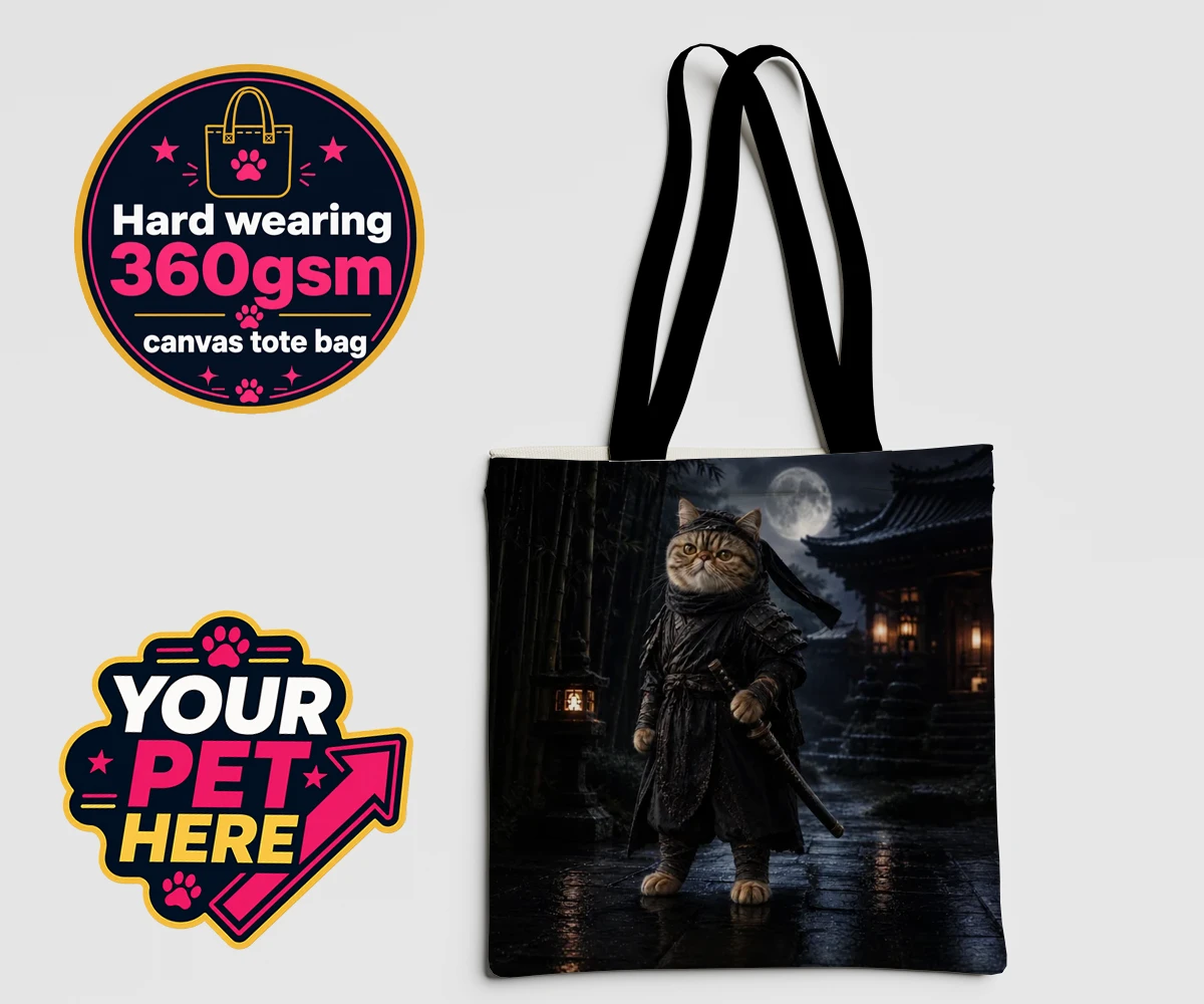 Personalised Ninja Paw In Temple Garden cat canvas tote bags featuring step into a world of enchantment with our "Ninja Paw In Temple Garden"