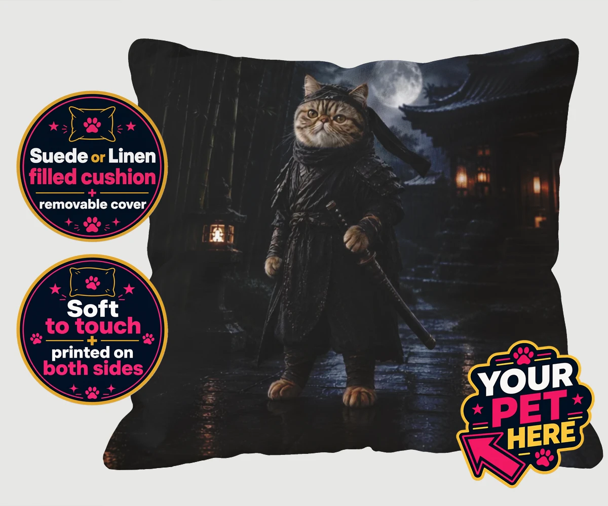Personalised Ninja Paw In Temple Garden cat cushions featuring step into a world of enchantment with our "Ninja Paw In Temple Garden"