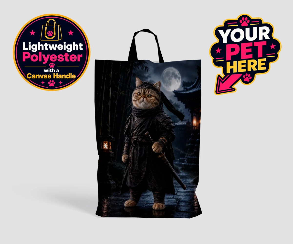 Personalised Ninja Paw In Temple Garden cat shopping bags featuring step into a world of enchantment with our "Ninja Paw In Temple Garden"
