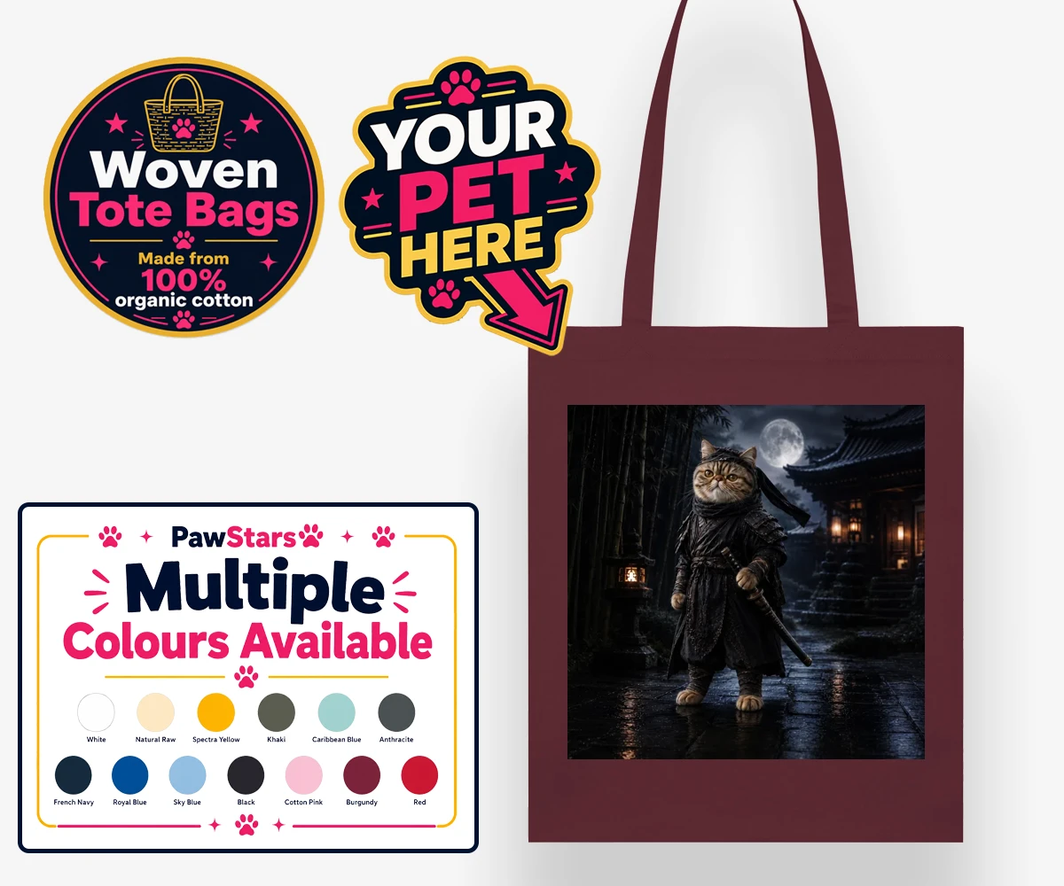 Personalised Ninja Paw In Temple Garden cat woven tote bags featuring step into a world of enchantment with our "Ninja Paw In Temple Garden"