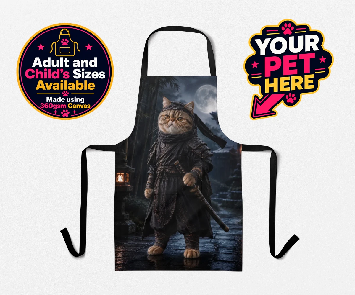 Personalised Ninja Paw In Temple Garden cat aprons featuring step into a world of enchantment with our "Ninja Paw In Temple Garden"