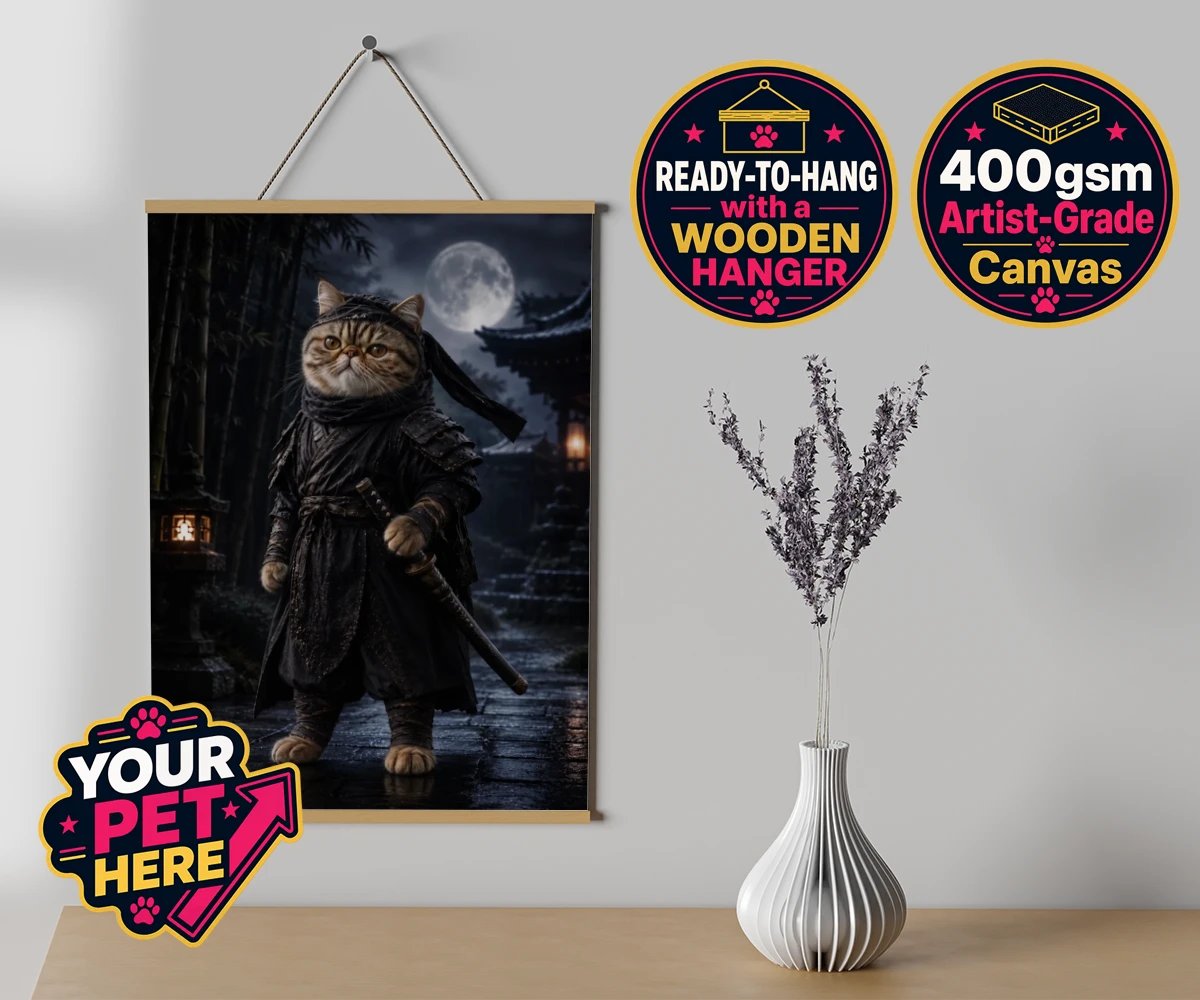 Personalised Ninja Paw In Temple Garden cat canvas poster prints with hanger featuring step into a world of enchantment with our "Ninja Paw In Temple Garden"
