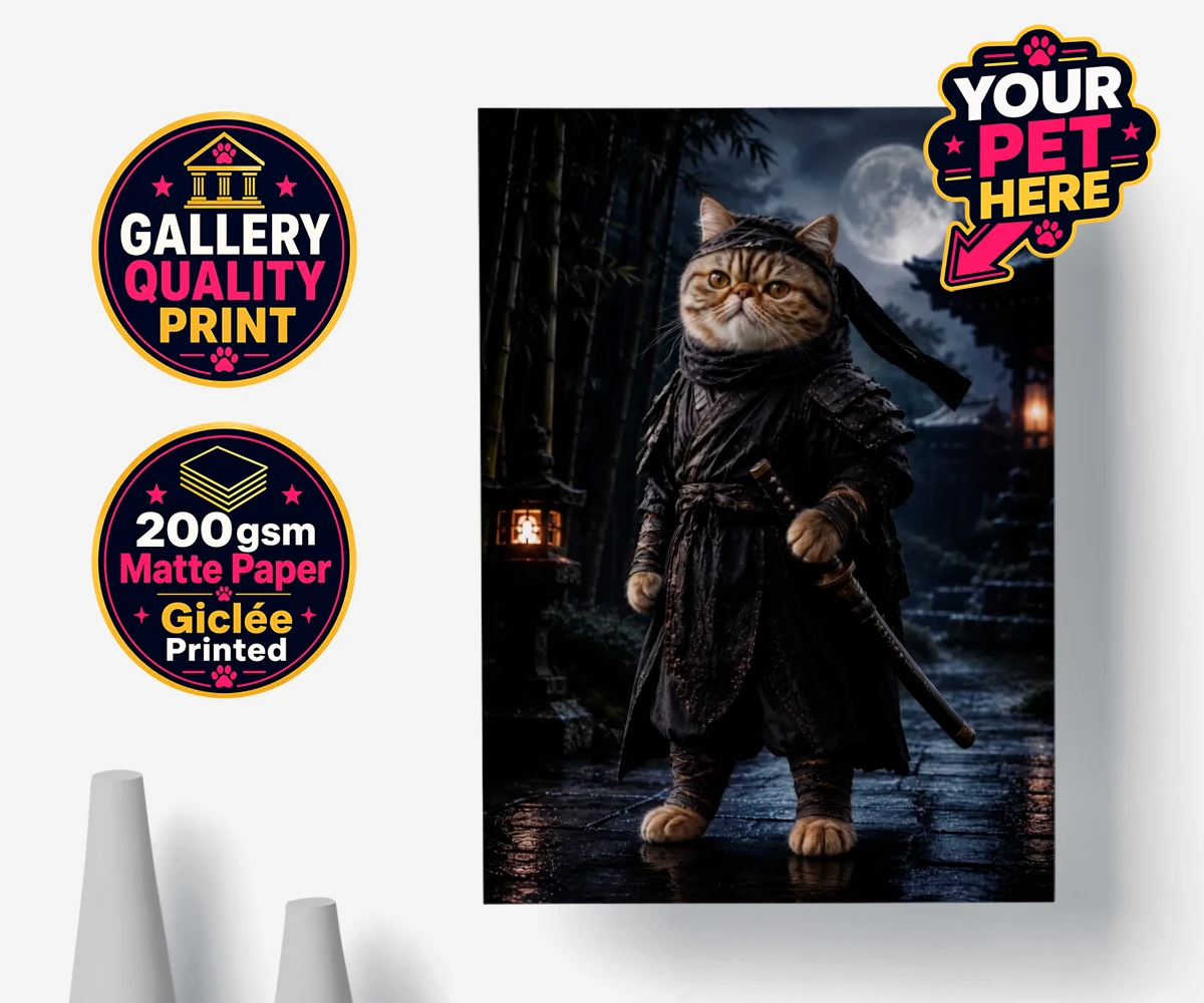 Personalised poster print of Ninja Paw, a cat in a black ninja outfit, set in a moonlit temple garden.
