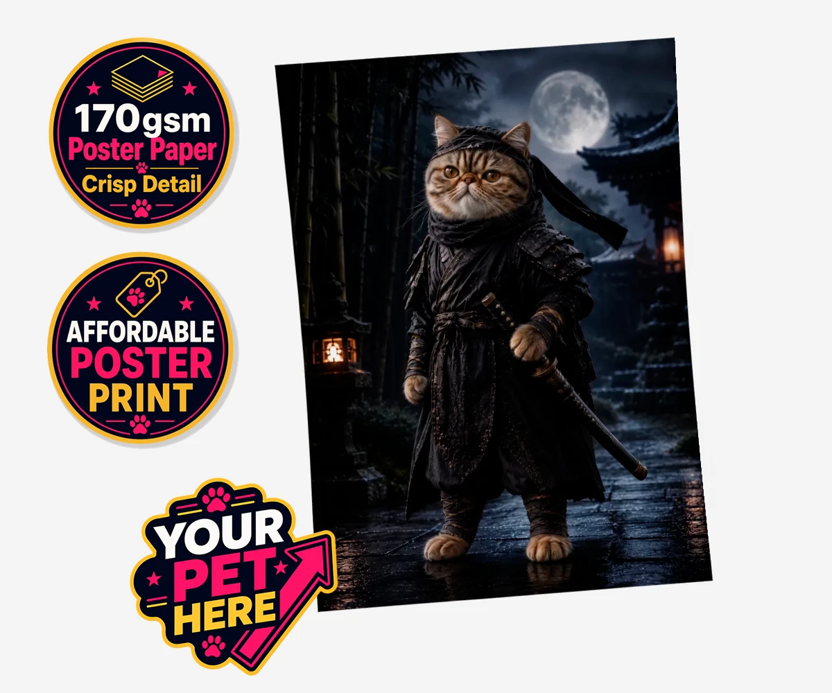 Personalised Ninja Paw In Temple Garden cat standard poster print featuring step into a world of enchantment with our "Ninja Paw In Temple Garden"