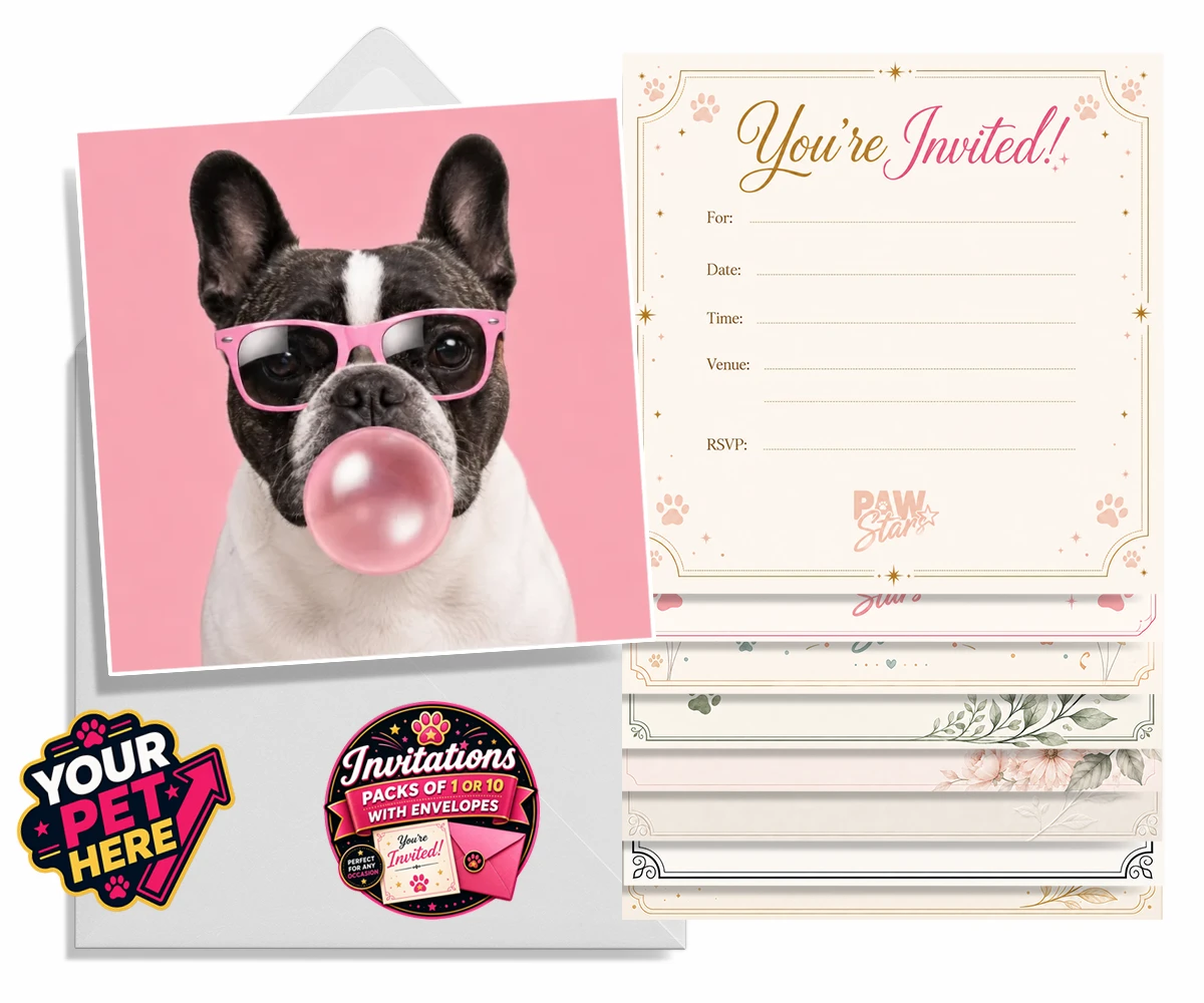Personalised Paw & Bubblegum dog invitations featuring meet Paw & Bubblegum, the ultimate blend of charm and cheekiness that