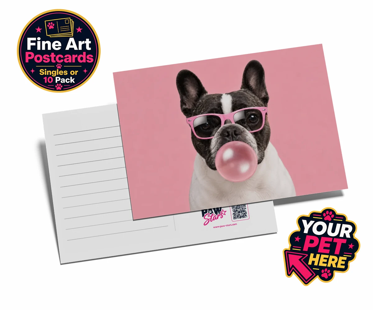 Personalised Paw & Bubblegum dog postcards featuring meet Paw & Bubblegum, the ultimate blend of charm and cheekiness that