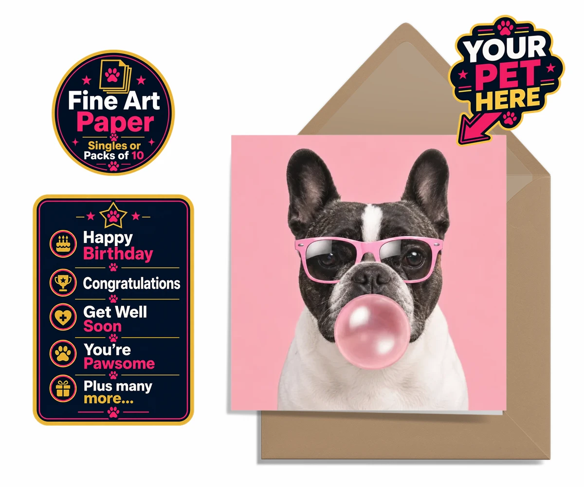 Personalised Paw & Bubblegum dog premium greetings cards featuring meet Paw & Bubblegum, the ultimate blend of charm and cheekiness that