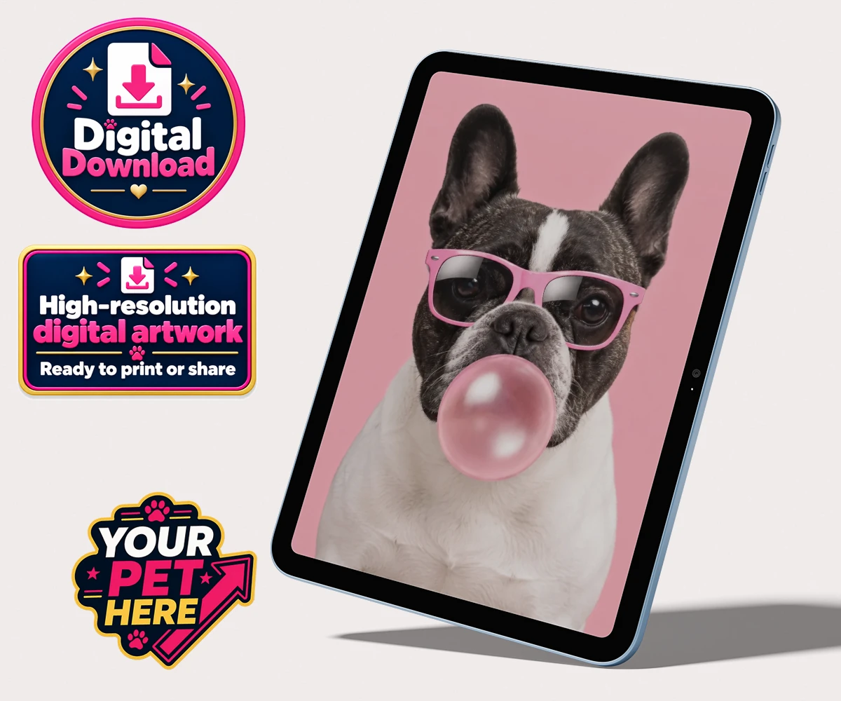 Personalised digital portrait of Paw & Bubblegum, a dog wearing oversized pink sunglasses and blowing a bubblegum bubble against a pink backdrop.