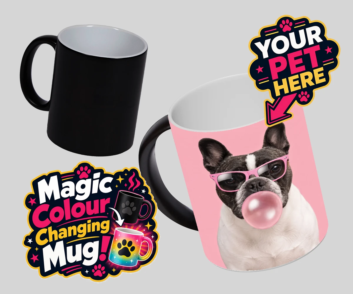 Personalised Paw & Bubblegum dog magic photo mugs featuring meet Paw & Bubblegum, the ultimate blend of charm and cheekiness that