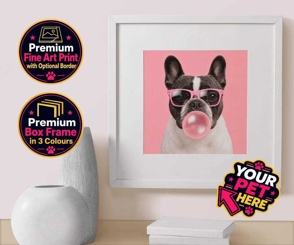 Personalised Paw & Bubblegum dog box framed print featuring meet Paw & Bubblegum, the ultimate blend of charm and cheekiness that