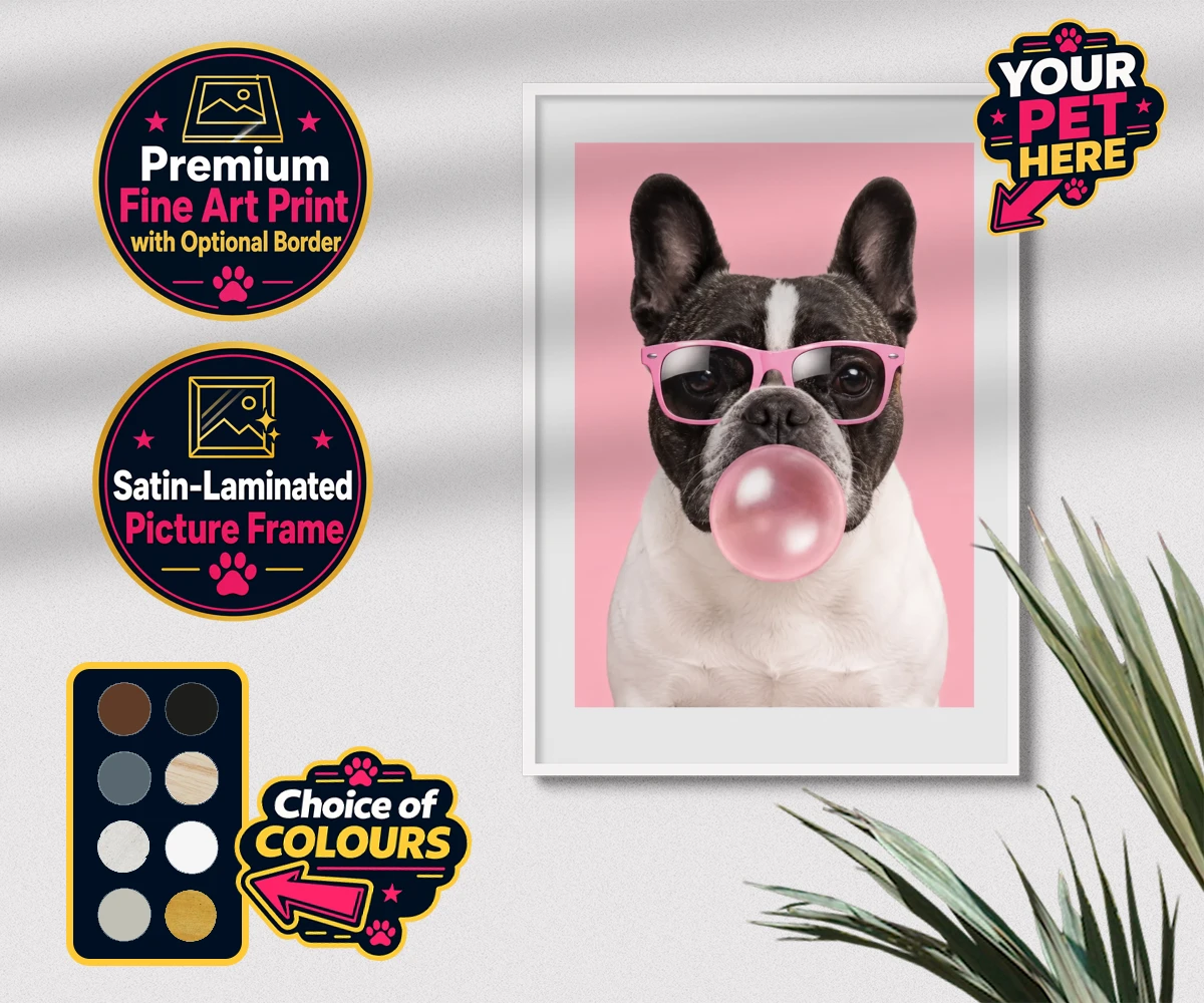 Personalised Paw & Bubblegum dog premium framed print featuring meet Paw & Bubblegum, the ultimate blend of charm and cheekiness that