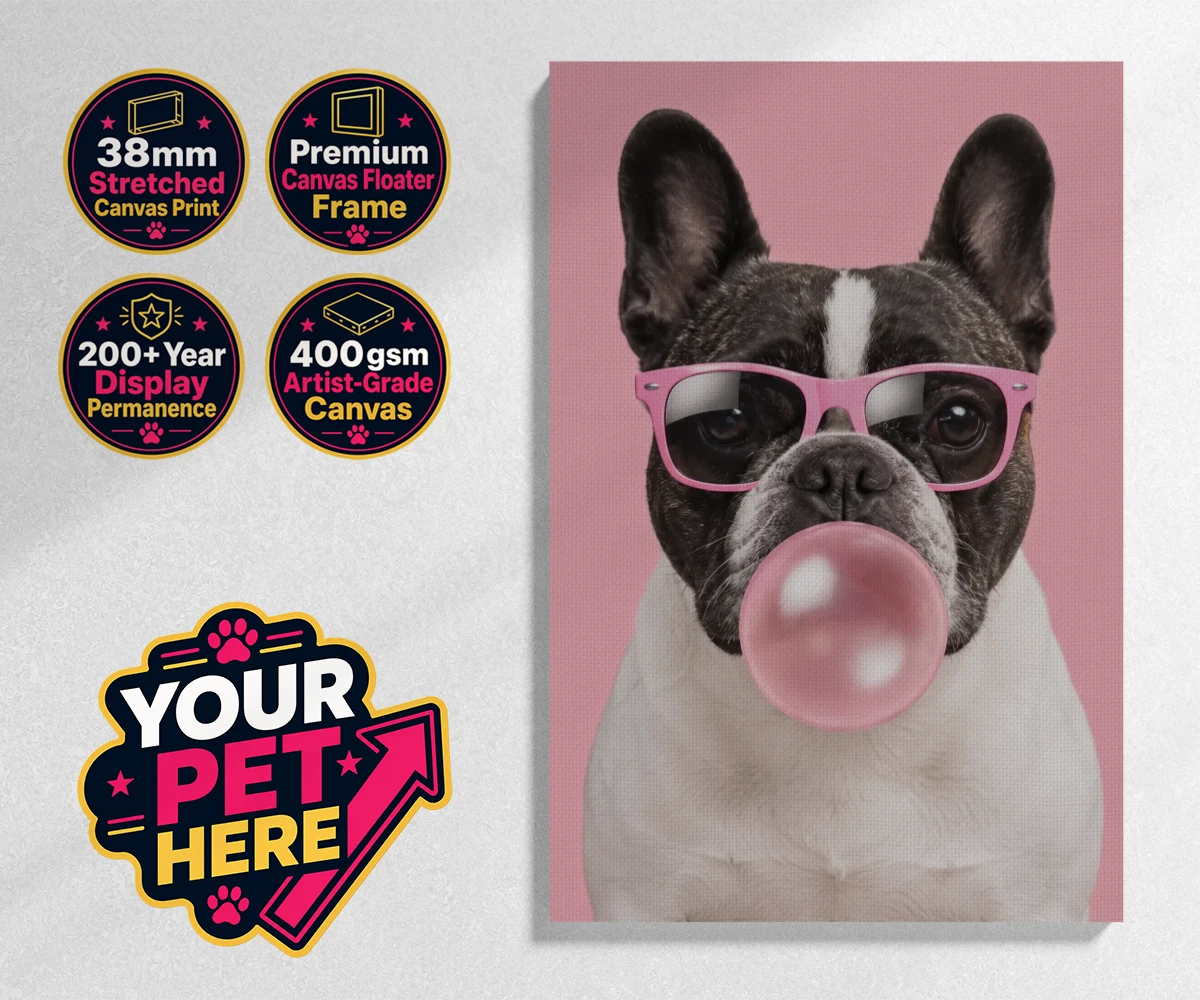 Personalised Paw & Bubblegum dog stretched canvas print featuring meet Paw & Bubblegum, the ultimate blend of charm and cheekiness that