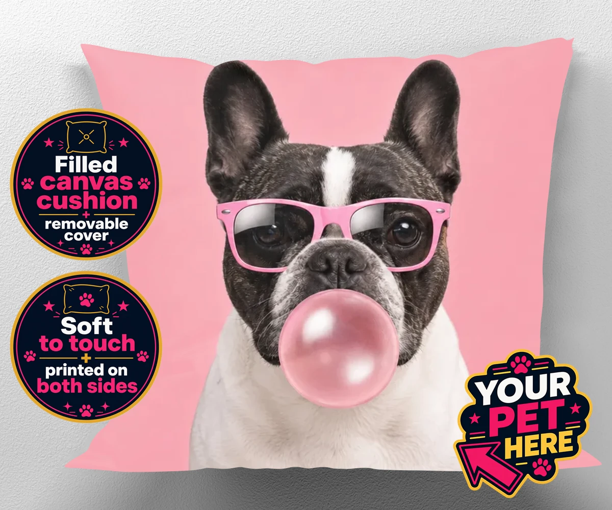 Personalised Paw & Bubblegum dog canvas cushions featuring meet Paw & Bubblegum, the ultimate blend of charm and cheekiness that