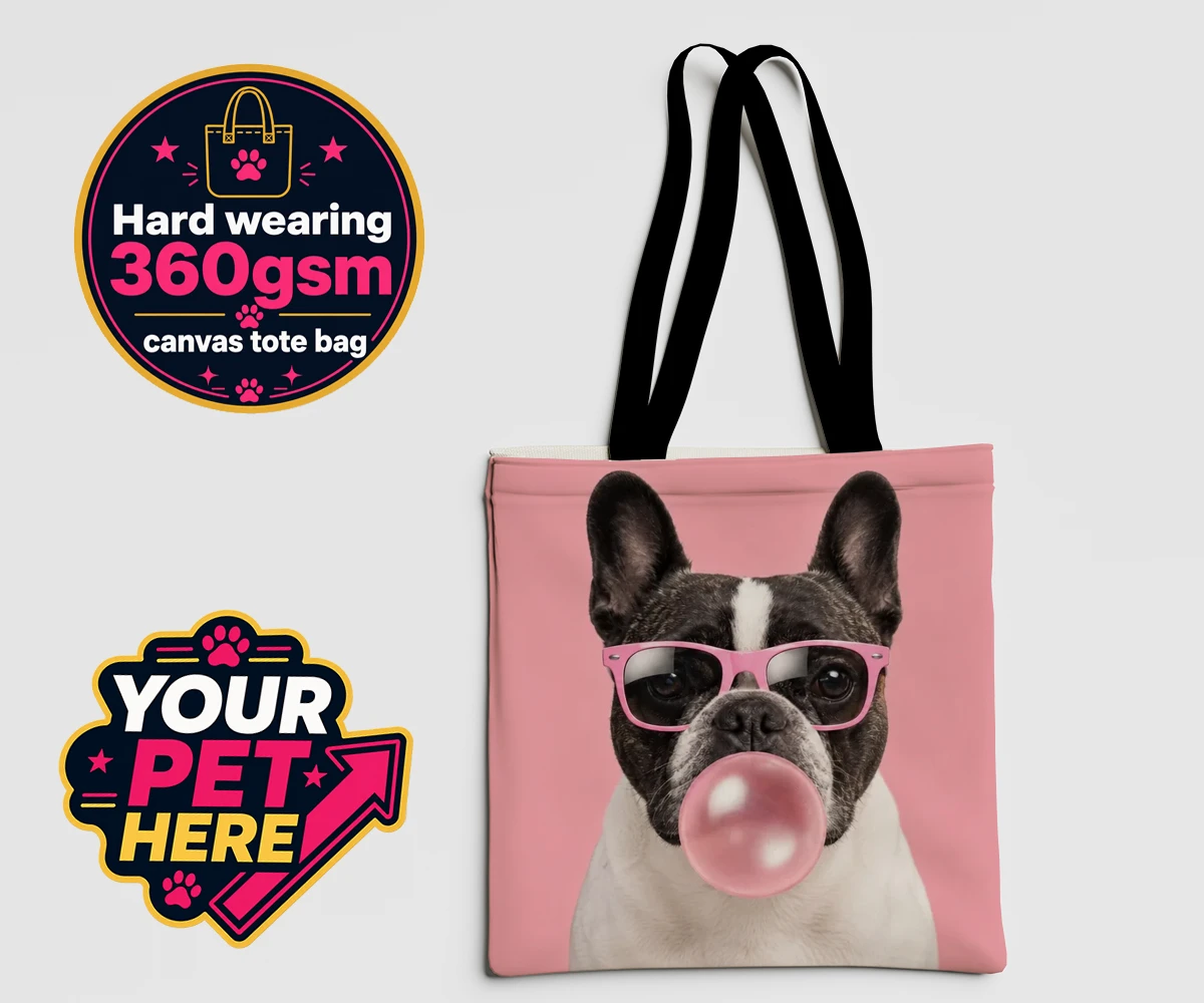 Personalised Paw & Bubblegum dog canvas tote bags featuring meet Paw & Bubblegum, the ultimate blend of charm and cheekiness that
