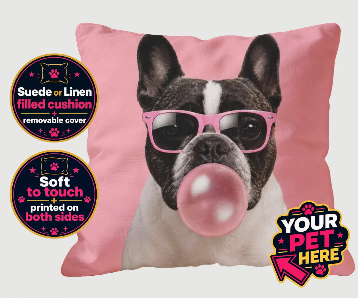 Personalised Paw & Bubblegum dog cushions featuring meet Paw & Bubblegum, the ultimate blend of charm and cheekiness that