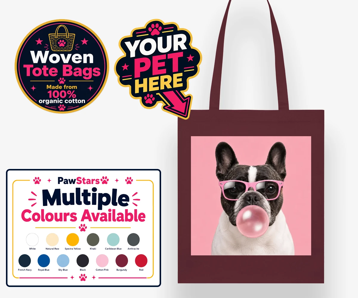 Personalised Paw & Bubblegum dog woven tote bags featuring meet Paw & Bubblegum, the ultimate blend of charm and cheekiness that