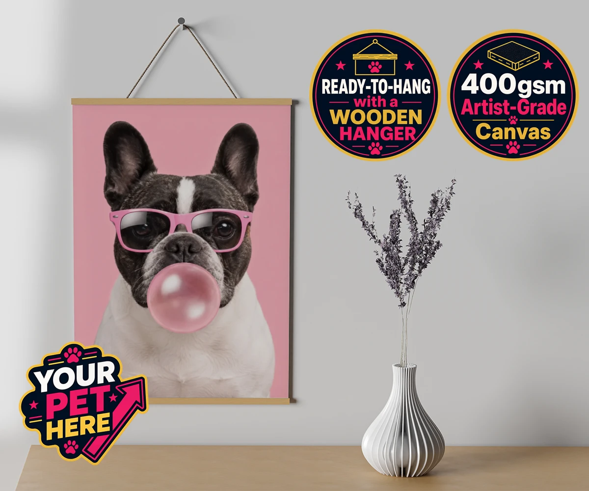 Personalised Paw & Bubblegum dog canvas poster prints with hanger featuring meet Paw & Bubblegum, the ultimate blend of charm and cheekiness that