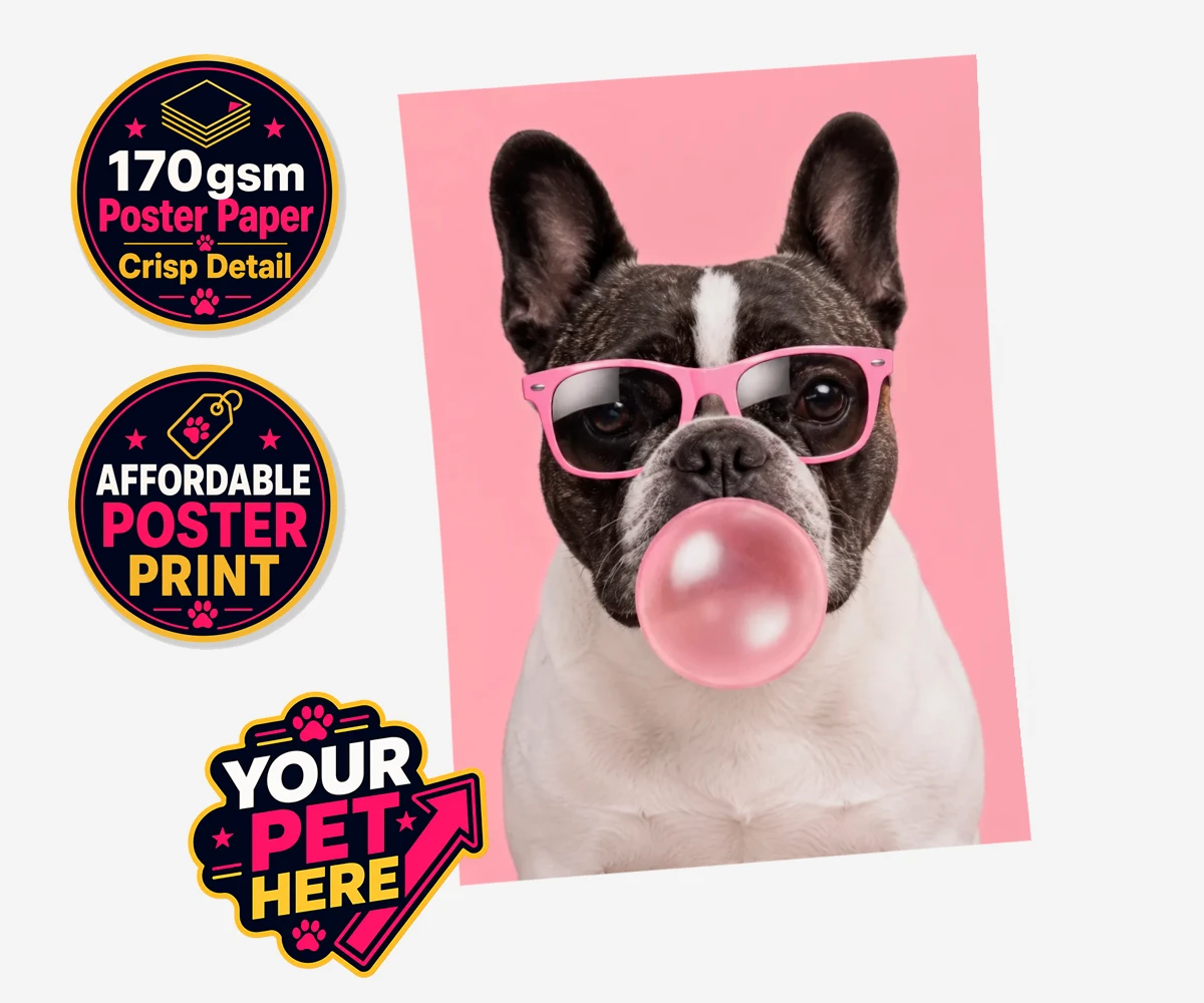 Personalised Paw & Bubblegum dog standard poster print featuring meet Paw & Bubblegum, the ultimate blend of charm and cheekiness that
