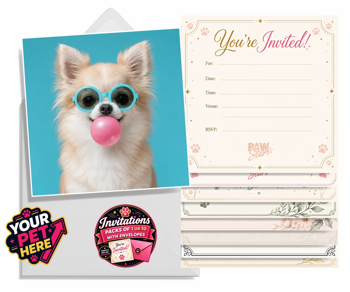 Personalised invitations featuring Bubblegum Paw Star dog, wearing sunglasses and blowing bubblegum