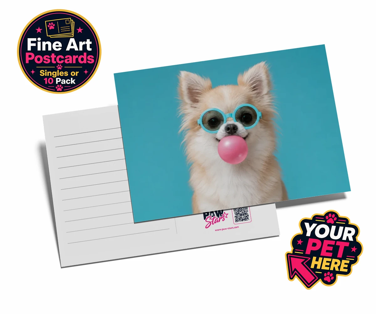 Personalised postcard featuring Bubblegum Paw Star dog with oversized sunglasses and pink bubblegum