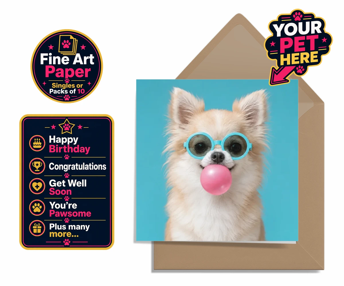 Personalised Bubblegum Paw Star dog greetings card featuring a playful dog with oversized sunglasses and bright pink bubblegum.