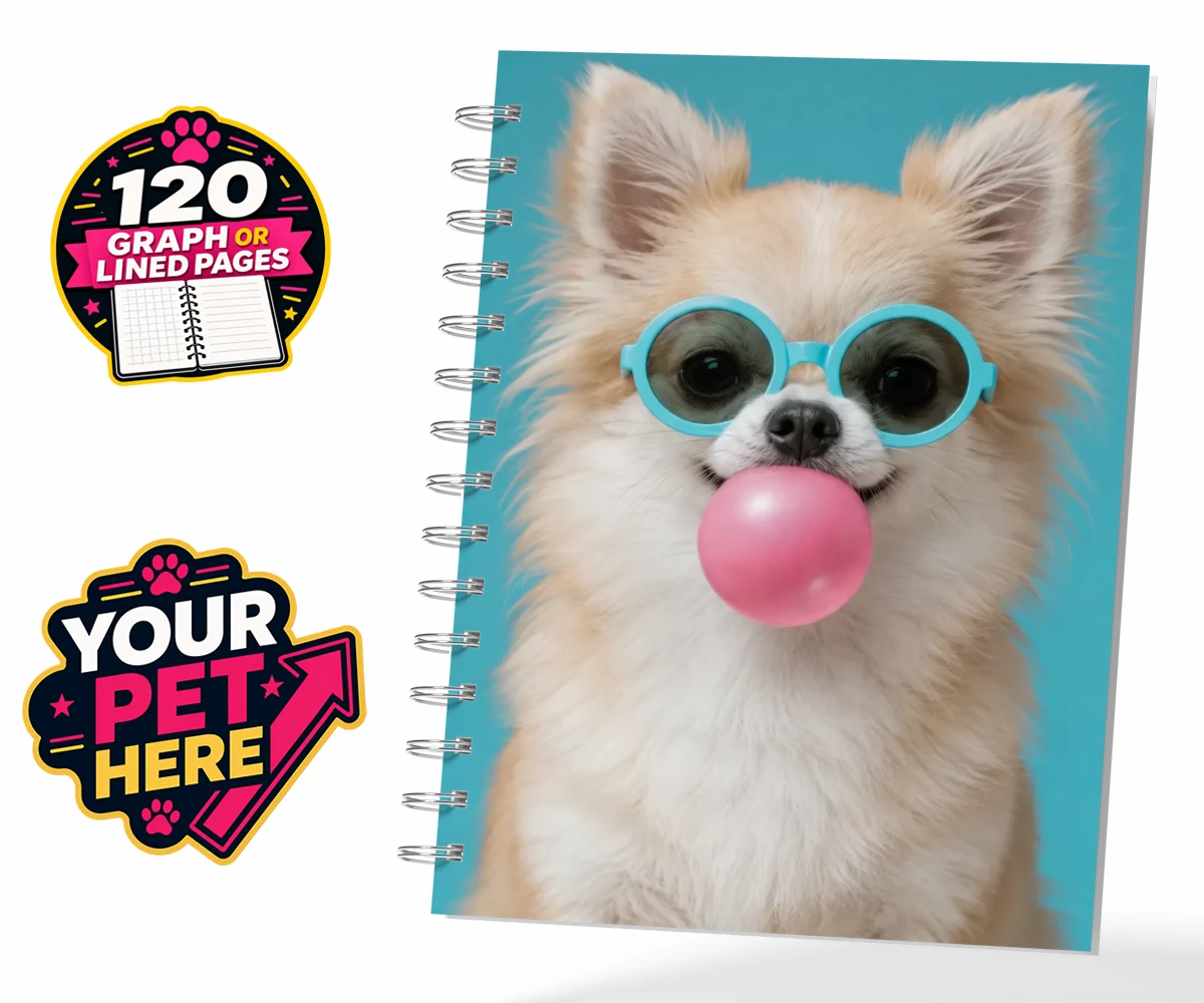 Personalised notebook featuring Bubblegum Paw Star, a dog with oversized sunglasses and pink bubblegum on a turquoise background.