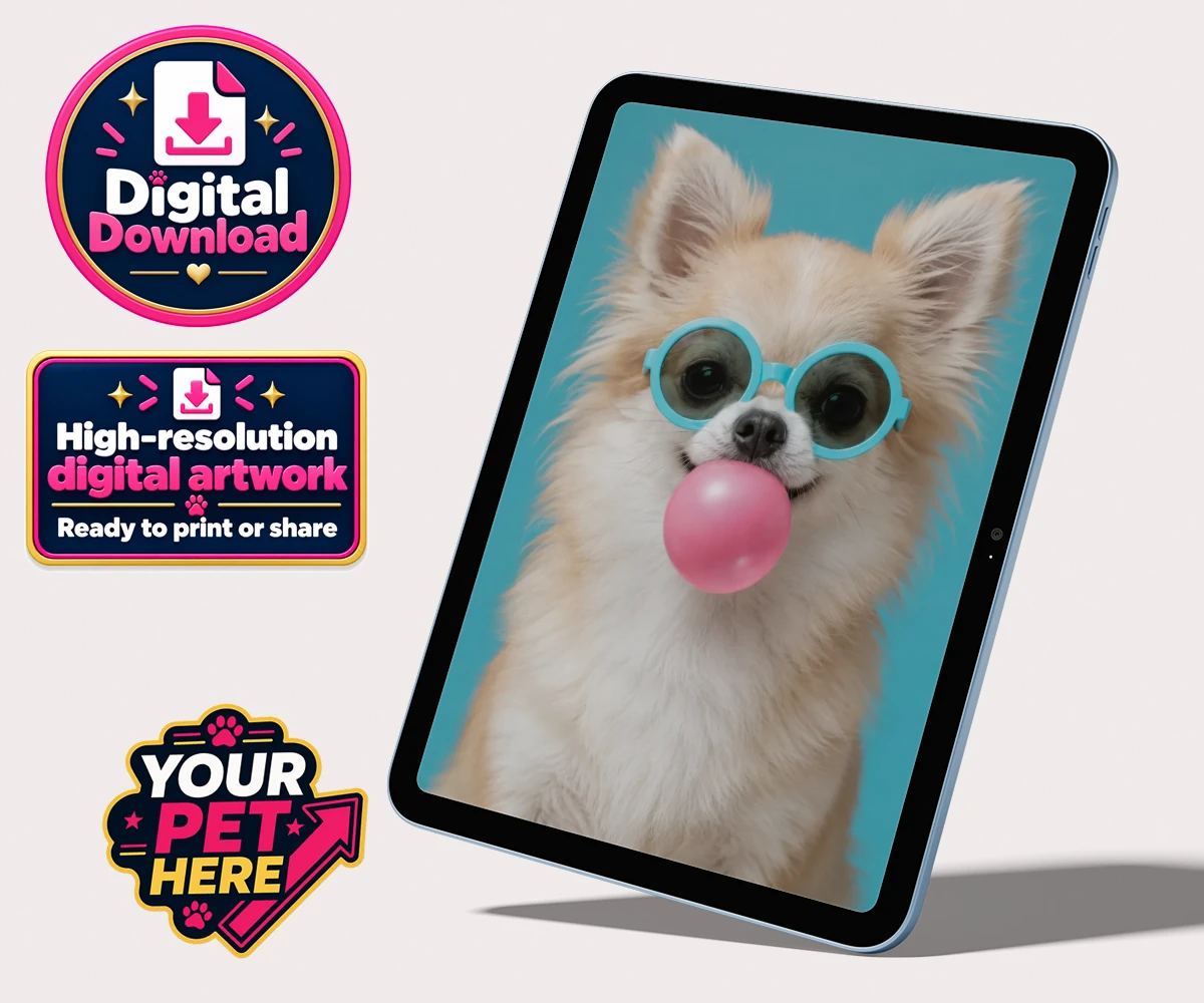 Personalised digital download of Bubblegum Paw Star, a dog wearing oversized sunglasses and blowing bubblegum with a turquoise background