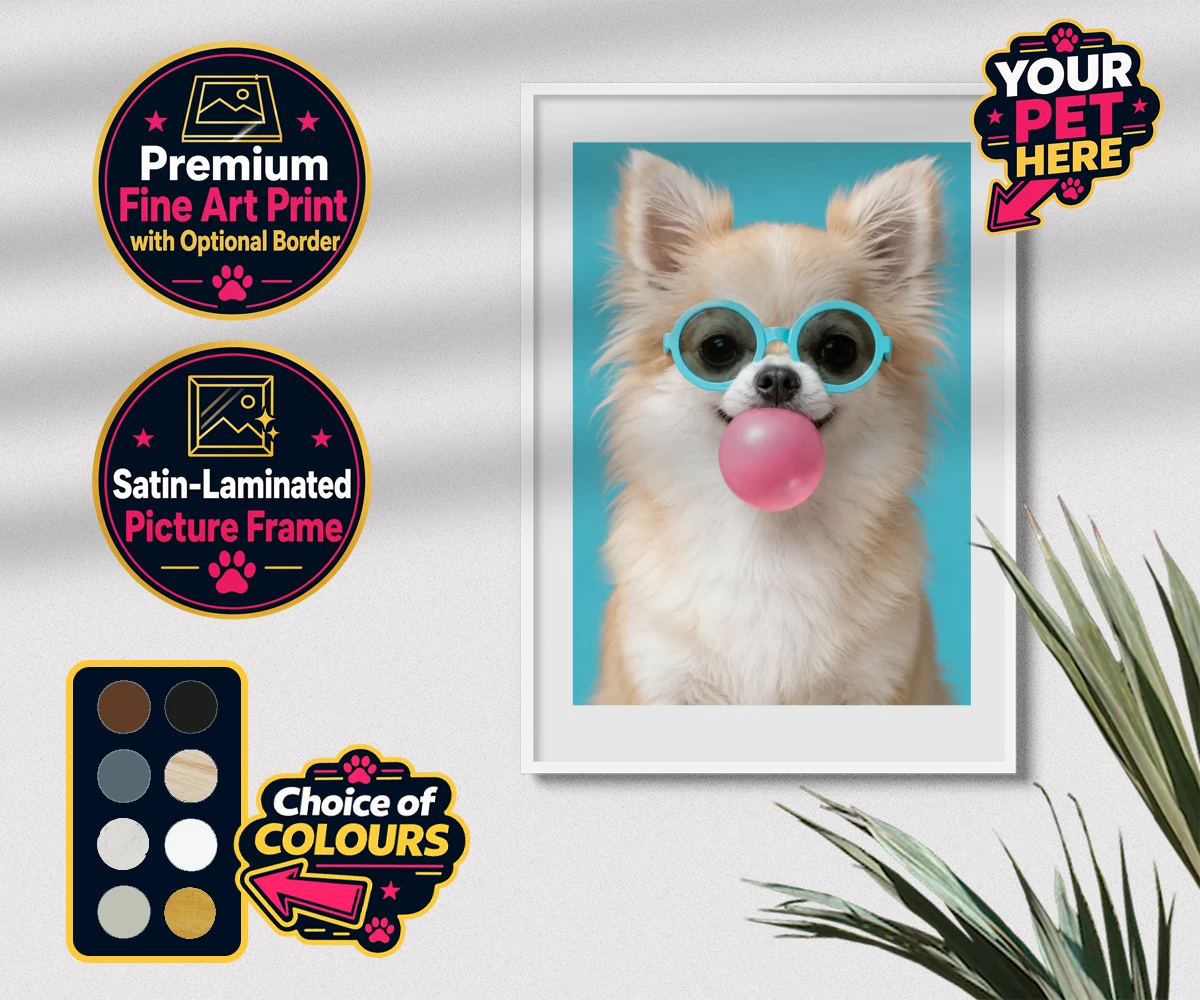 Personalised Bubblegum Paw Star dog premium framed print featuring the ultimate quirky addition to your home!