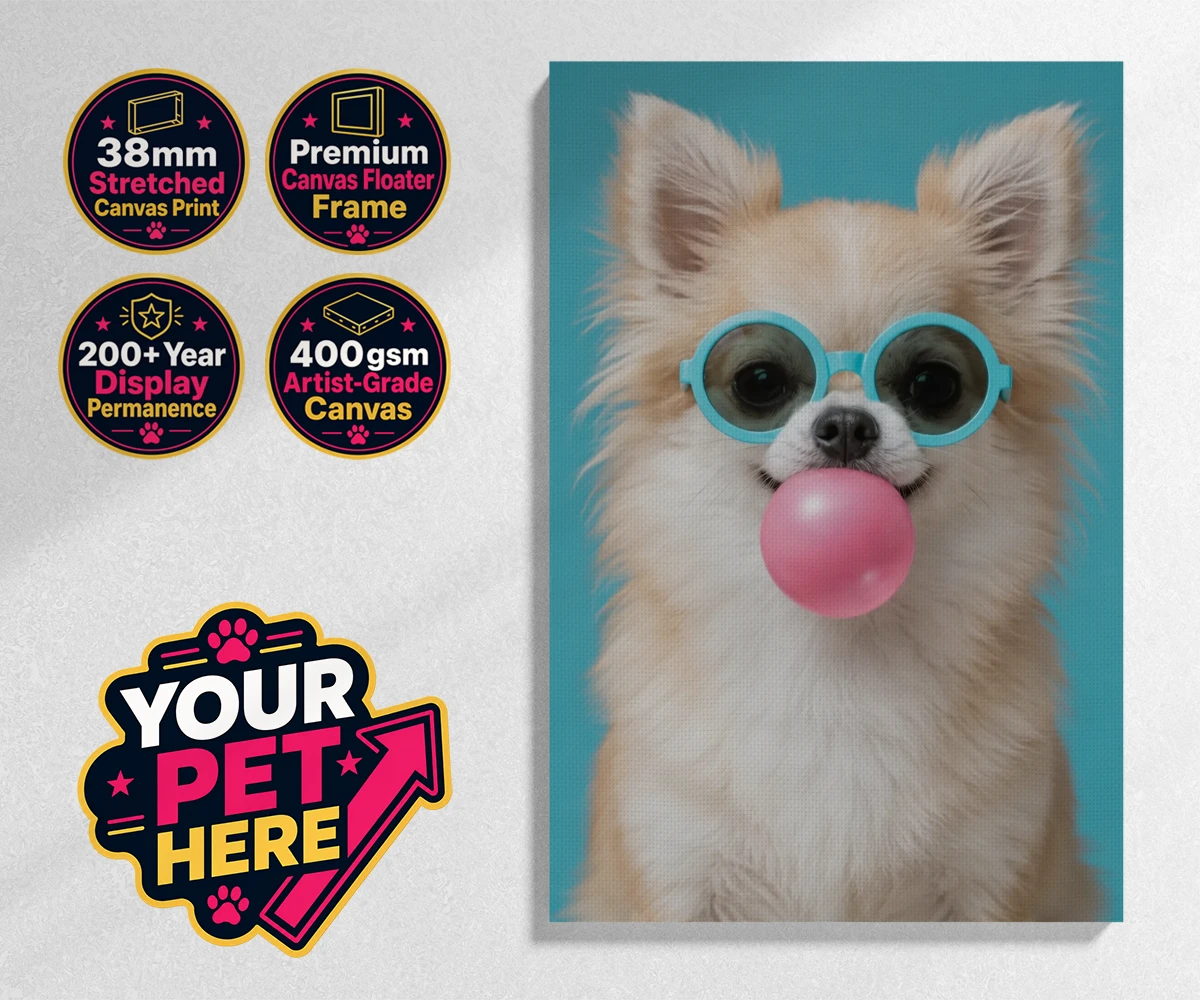 Personalised Bubblegum Paw Star dog stretched canvas print featuring the ultimate quirky addition to your home!