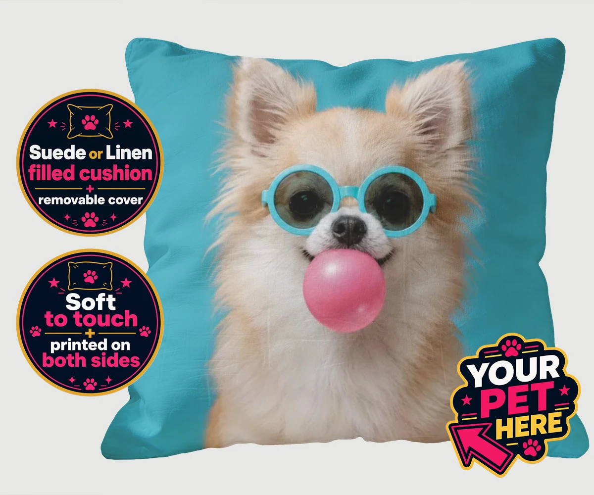 Personalised Bubblegum Paw Star dog cushions featuring the ultimate quirky addition to your home!