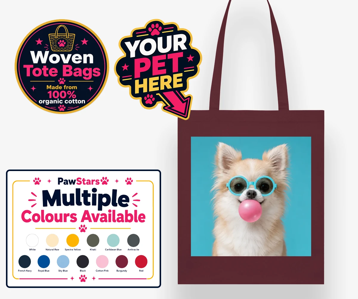 Personalised Bubblegum Paw Star dog woven tote bags featuring the ultimate quirky addition to your home!