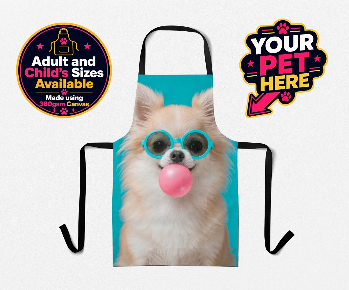 Personalised apron featuring Bubblegum Paw Star, a dog with oversized sunglasses and bright pink bubblegum against a turquoise backdrop.