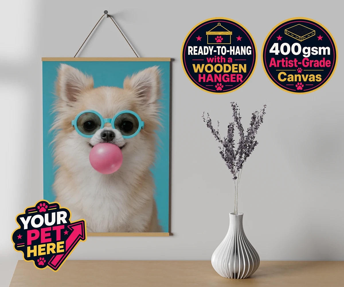 Personalised Bubblegum Paw Star dog canvas poster prints with hanger featuring the ultimate quirky addition to your home!