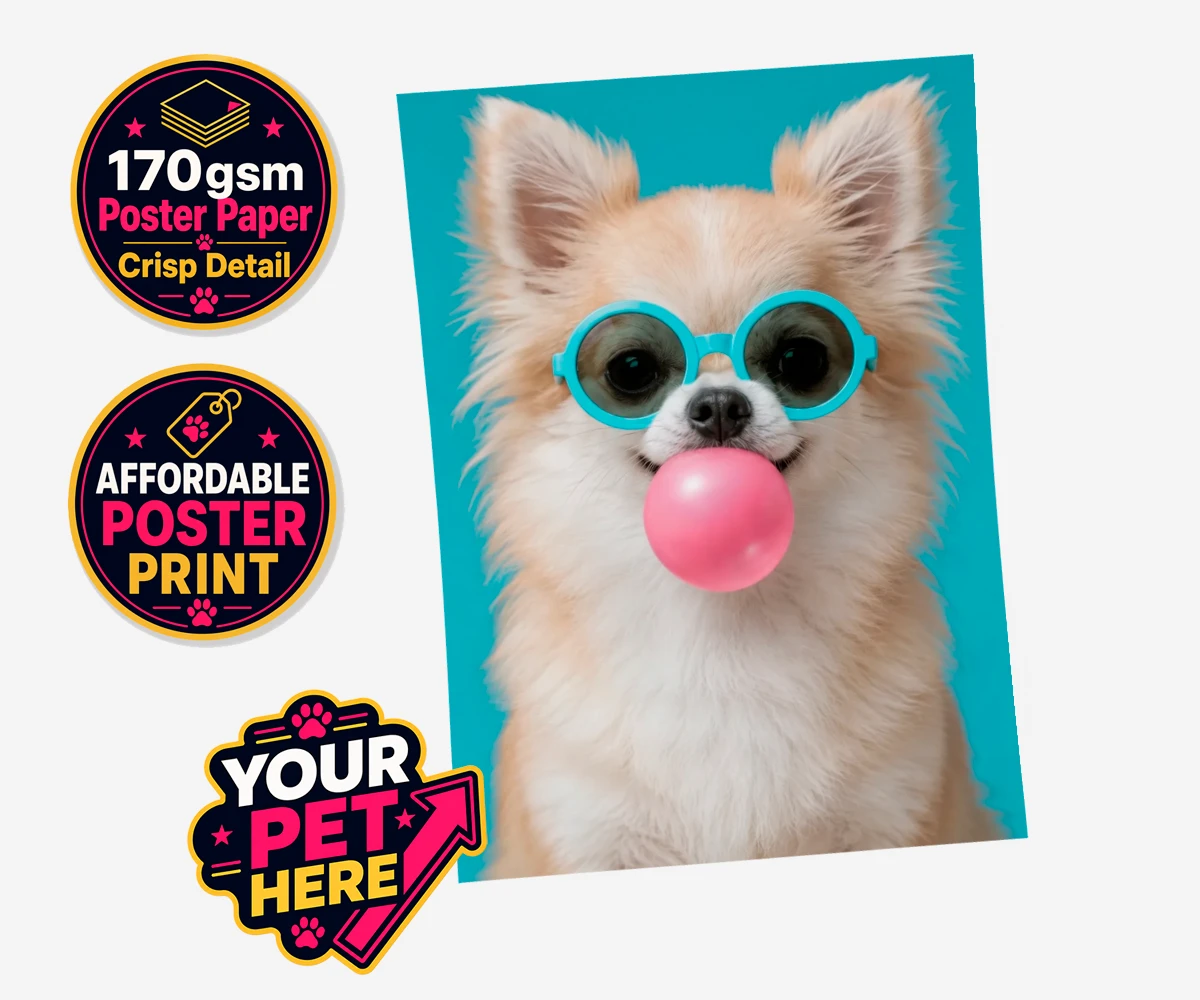 Personalised Bubblegum Paw Star dog standard poster print featuring the ultimate quirky addition to your home!