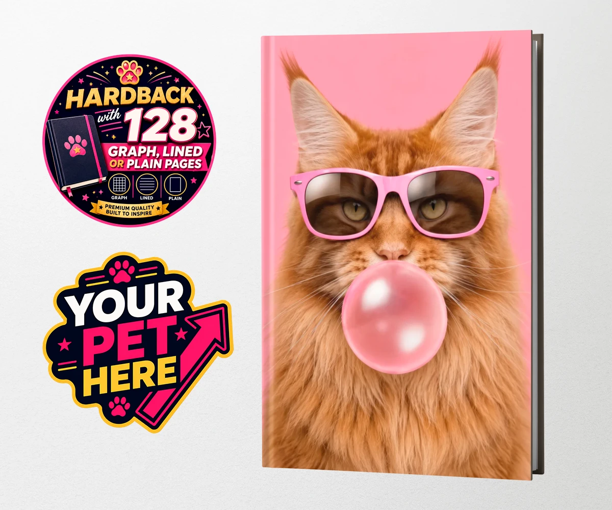 Personalised Paw & Bubblegum cat hardback notebooks featuring the perfect fusion of fun and feline fabulousness!