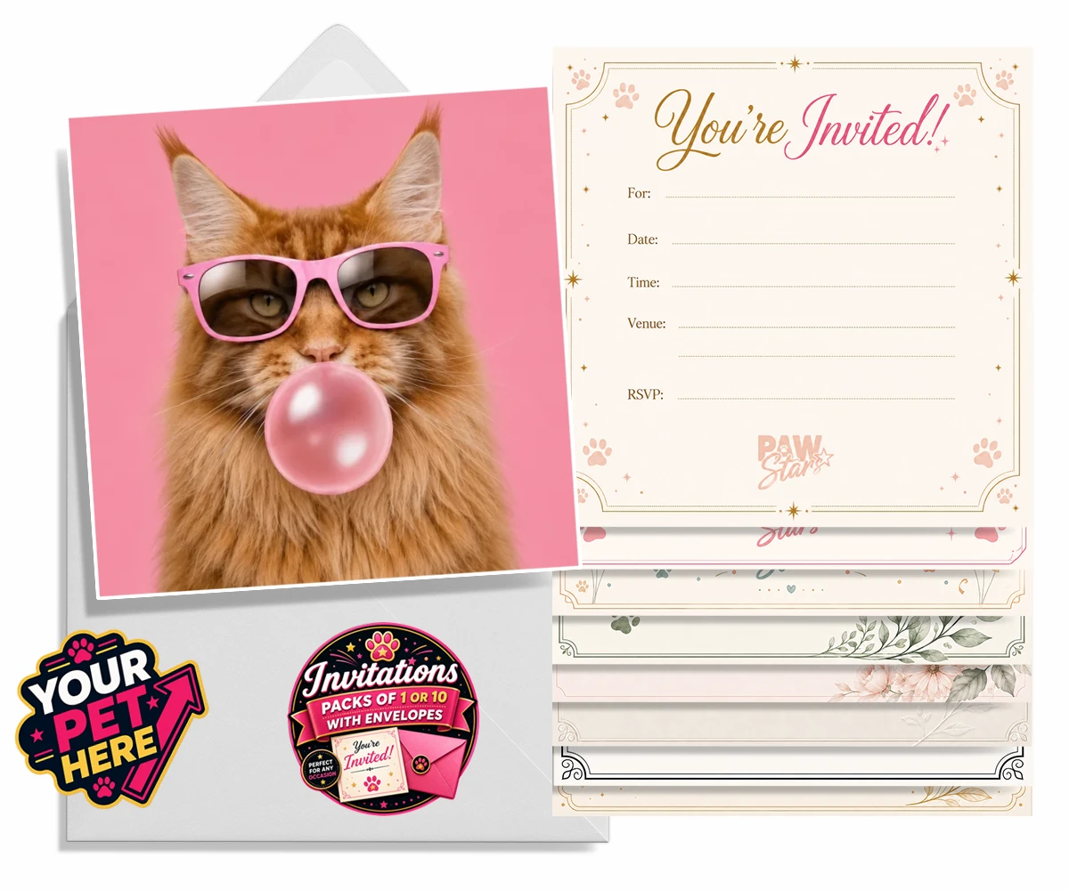 Personalised Paw & Bubblegum cat invitations featuring the perfect fusion of fun and feline fabulousness!