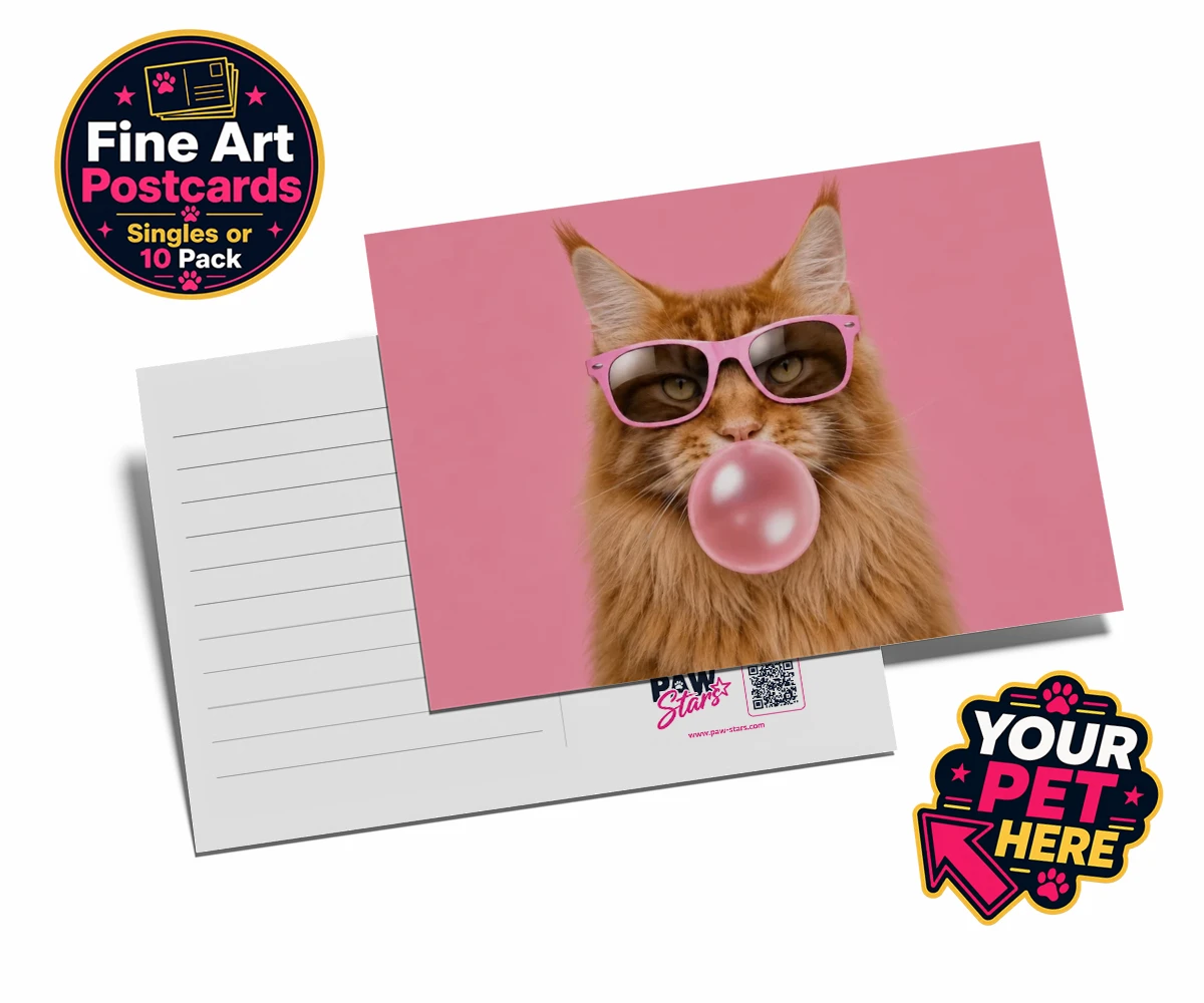 Personalised Paw & Bubblegum cat postcards featuring the perfect fusion of fun and feline fabulousness!