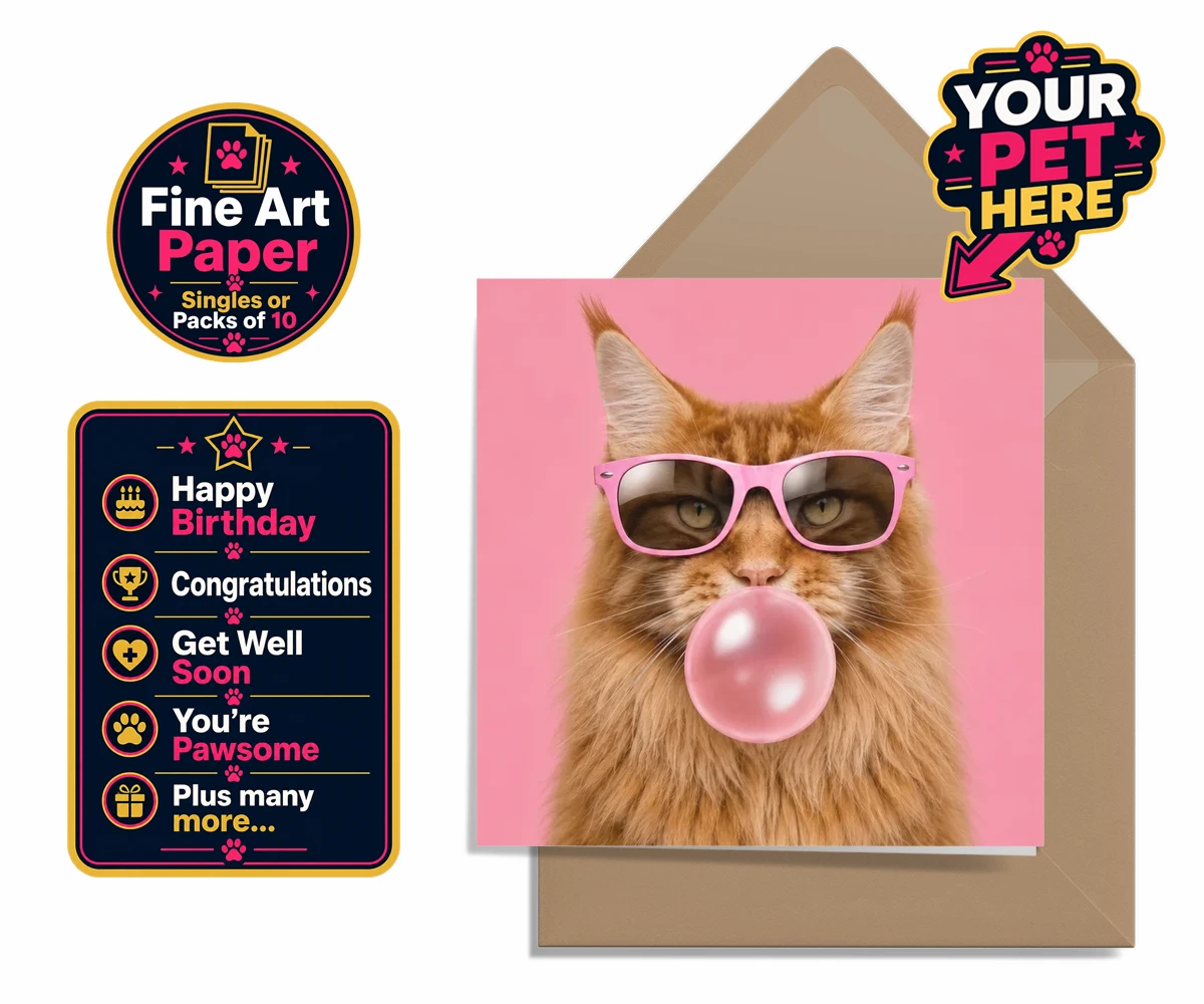 Personalised Paw & Bubblegum cat premium greetings cards featuring the perfect fusion of fun and feline fabulousness!