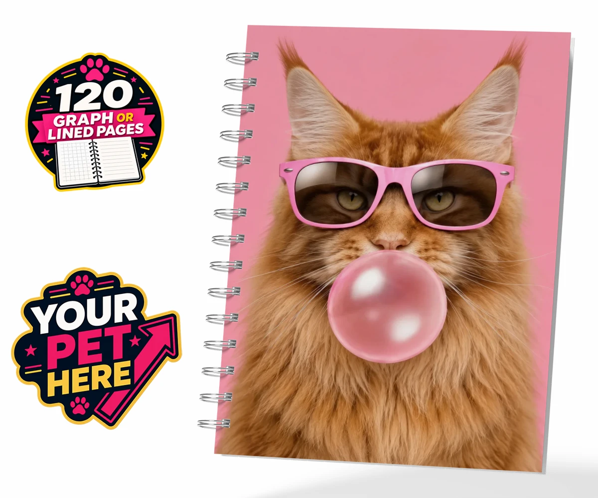 Personalised Paw & Bubblegum cat spiral notebook featuring the perfect fusion of fun and feline fabulousness!
