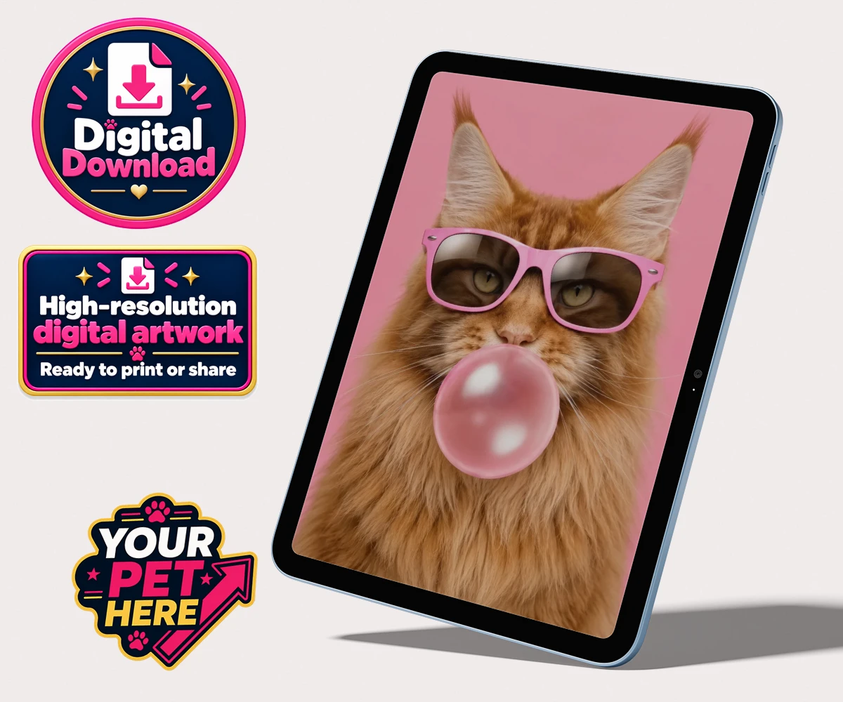 Personalised digital portrait of Paw & Bubblegum the cat, wearing sunglasses and blowing a bubblegum bubble